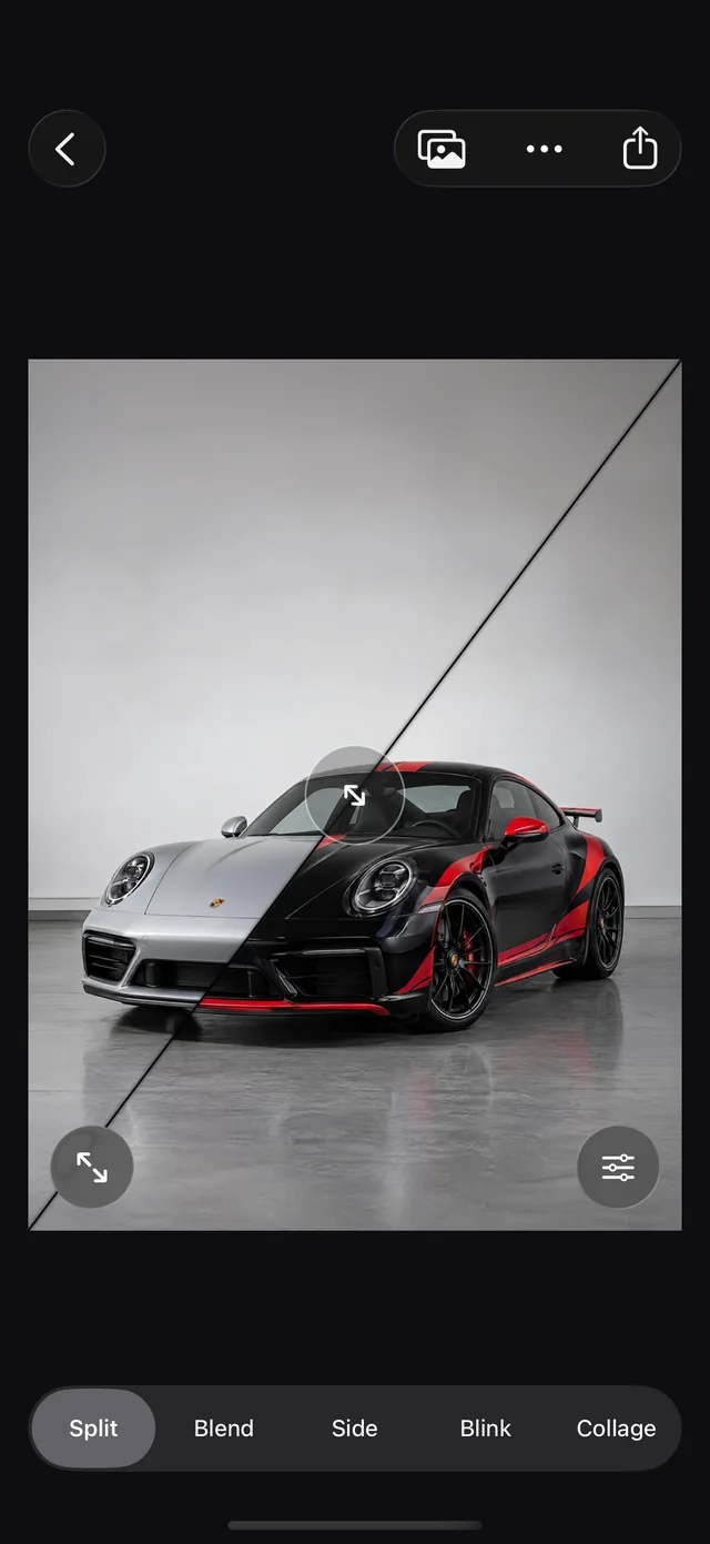 A car compared in split mode, silver on the left and black with red stripes on the right