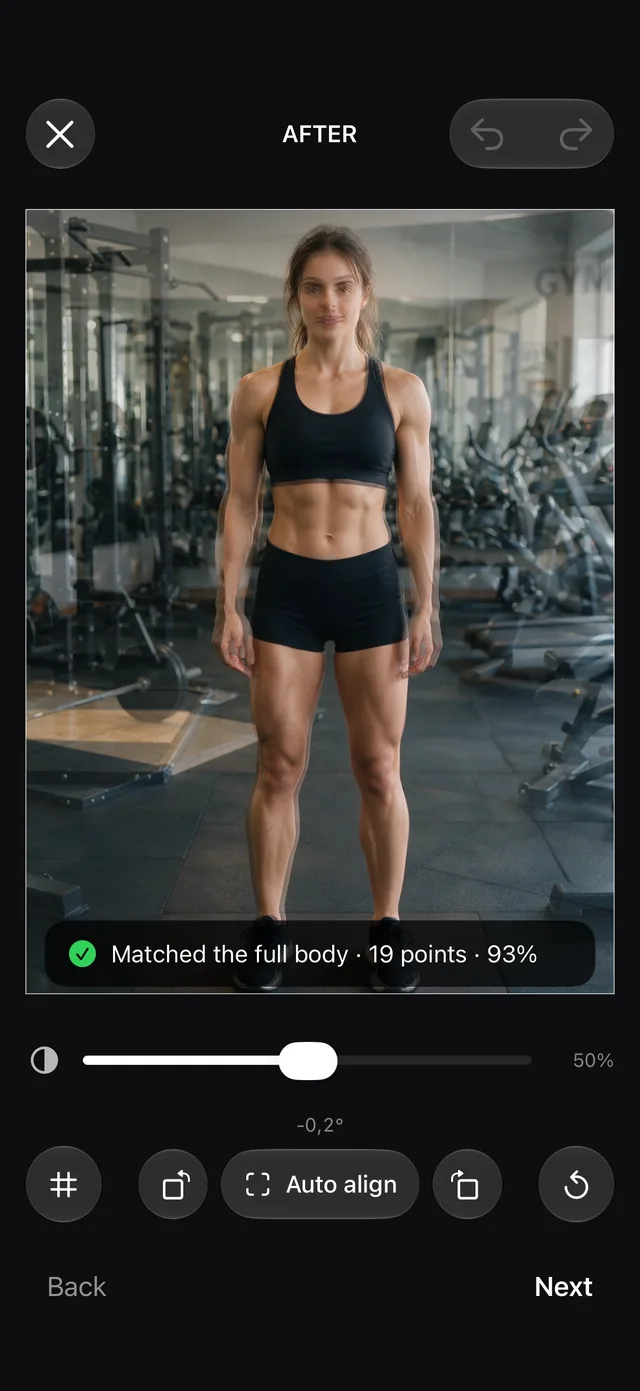Auto align laying the after photo over the before photo, with the message Matched the full body, 19 points, 93 percent
