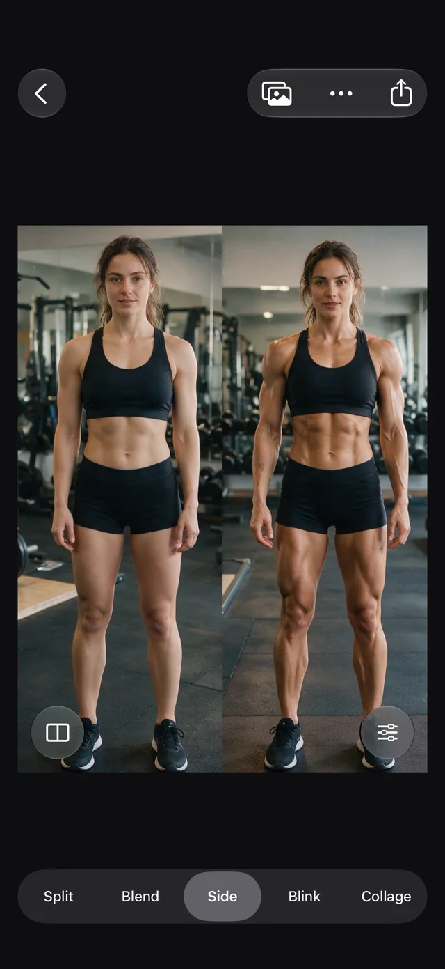 Side mode showing the before and after photos of the woman next to each other
